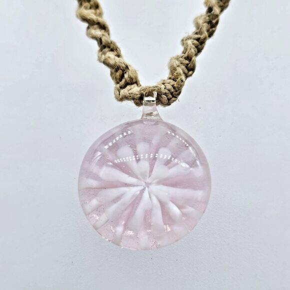 Pink Murano Starburst Necklace Pendant Boho Hemp Chain Art Glass Artisan Flower - Picture 5 of 8
